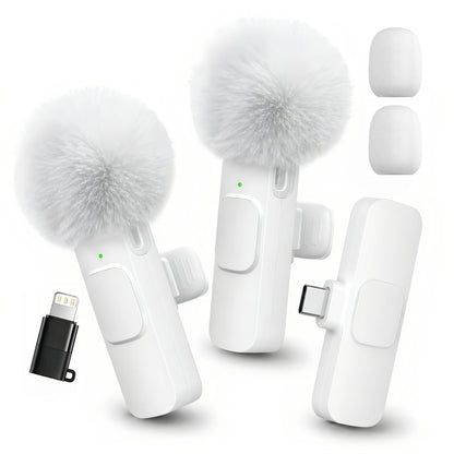 Wireless Lavalier Microphone with Furry Windscreen, Type-C&Lightning Adapter, Mini Clip Mic, Android, iPhone, Tablets, Laptops