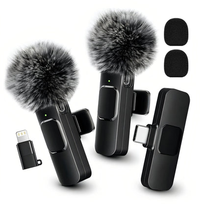 Wireless Lavalier Microphone with Furry Windscreen, Type-C&Lightning Adapter, Mini Clip Mic, Android, iPhone, Tablets, Laptops