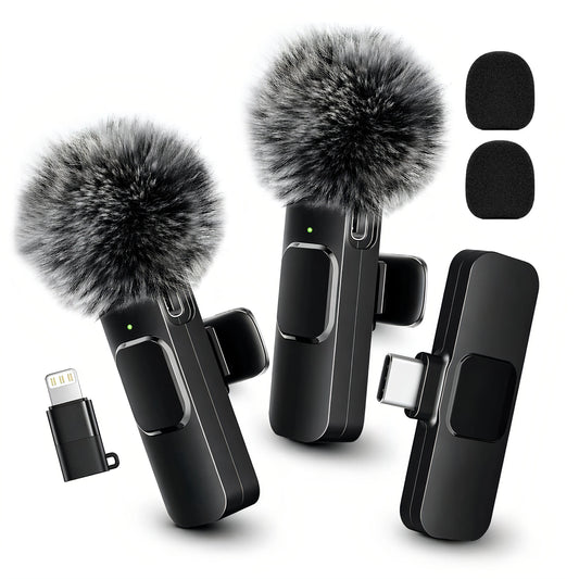 Wireless Lavalier Microphone with Furry Windscreen, Type-C&Lightning Adapter, Mini Clip Mic, Android, iPhone, Tablets, Laptops