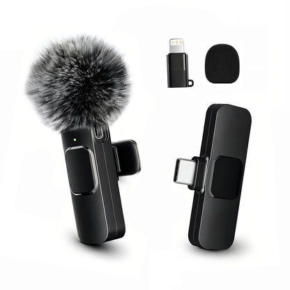 Wireless Lavalier Microphone with Furry Windscreen, Type-C&Lightning Adapter, Mini Clip Mic, Android, iPhone, Tablets, Laptops