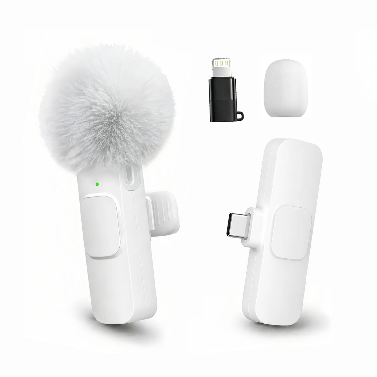 Wireless Lavalier Microphone with Furry Windscreen, Type-C&Lightning Adapter, Mini Clip Mic, Android, iPhone, Tablets, Laptops