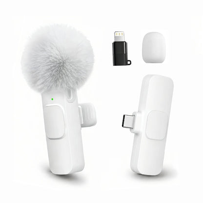 Wireless Lavalier Microphone with Furry Windscreen, Type-C&Lightning Adapter, Mini Clip Mic, Android, iPhone, Tablets, Laptops